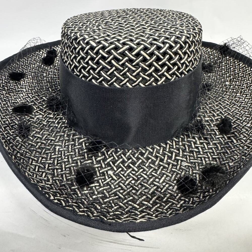 Vintage Sonni Of California Ladies Black & White Polka Dot Hat W/ Bow
